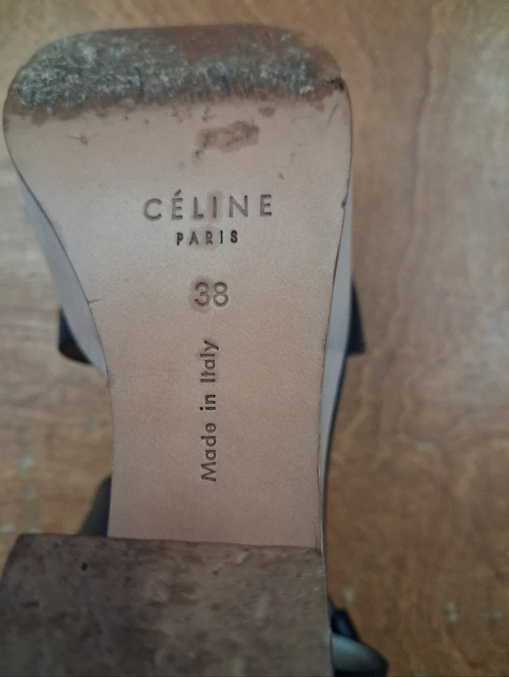 CELINE Strap Sandals Wood Black High Heel Two tone Italy Shoes Platform Size 8
